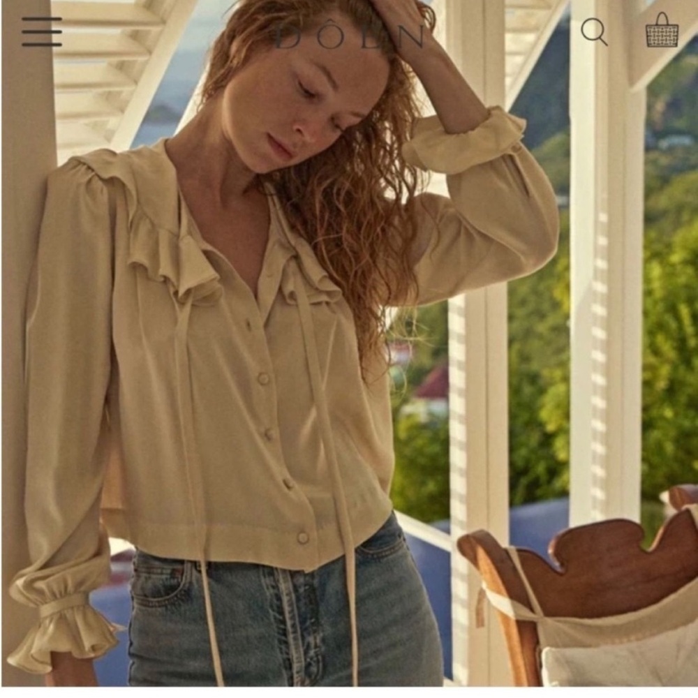 Doen Cream Ruffled Silk Button-Down Blouse - Picture 7 of 10